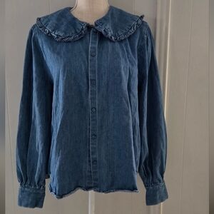 H&M Blue Button Down Shirt with Ruffle Collar